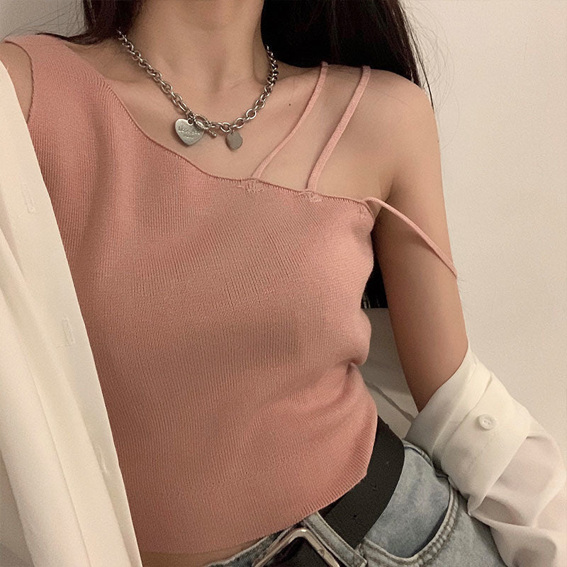 Trendy Slanted Shoulder Crop Top